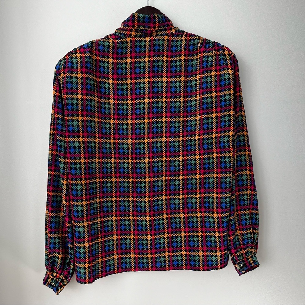 VTG CIAO SPORT Women’s 14 Multicolor Houndstooth Silk Tie Neck Blouse RETRO CHIC - Picture 7 of 10